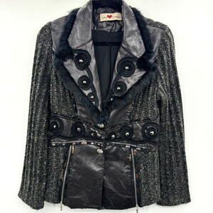 Love Token Wool Blend Mixed Media Jacket Blazer Sz M Brown Black Mob Wife Artsy